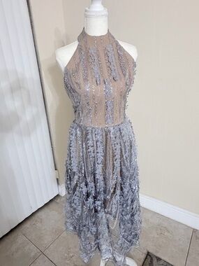 Dress the Population Silver Halter Midi Dress
